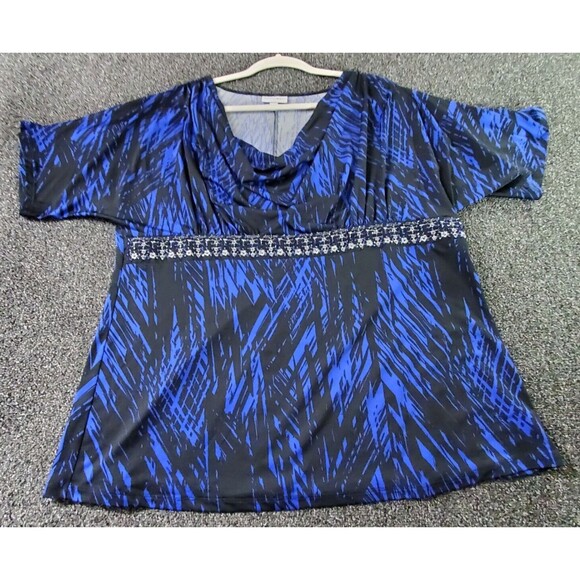 Fashion Bug Blouse Women's 1x Blue Black Babydoll Cowl Neck Beaded Embroidery - Picture 1 of 8
